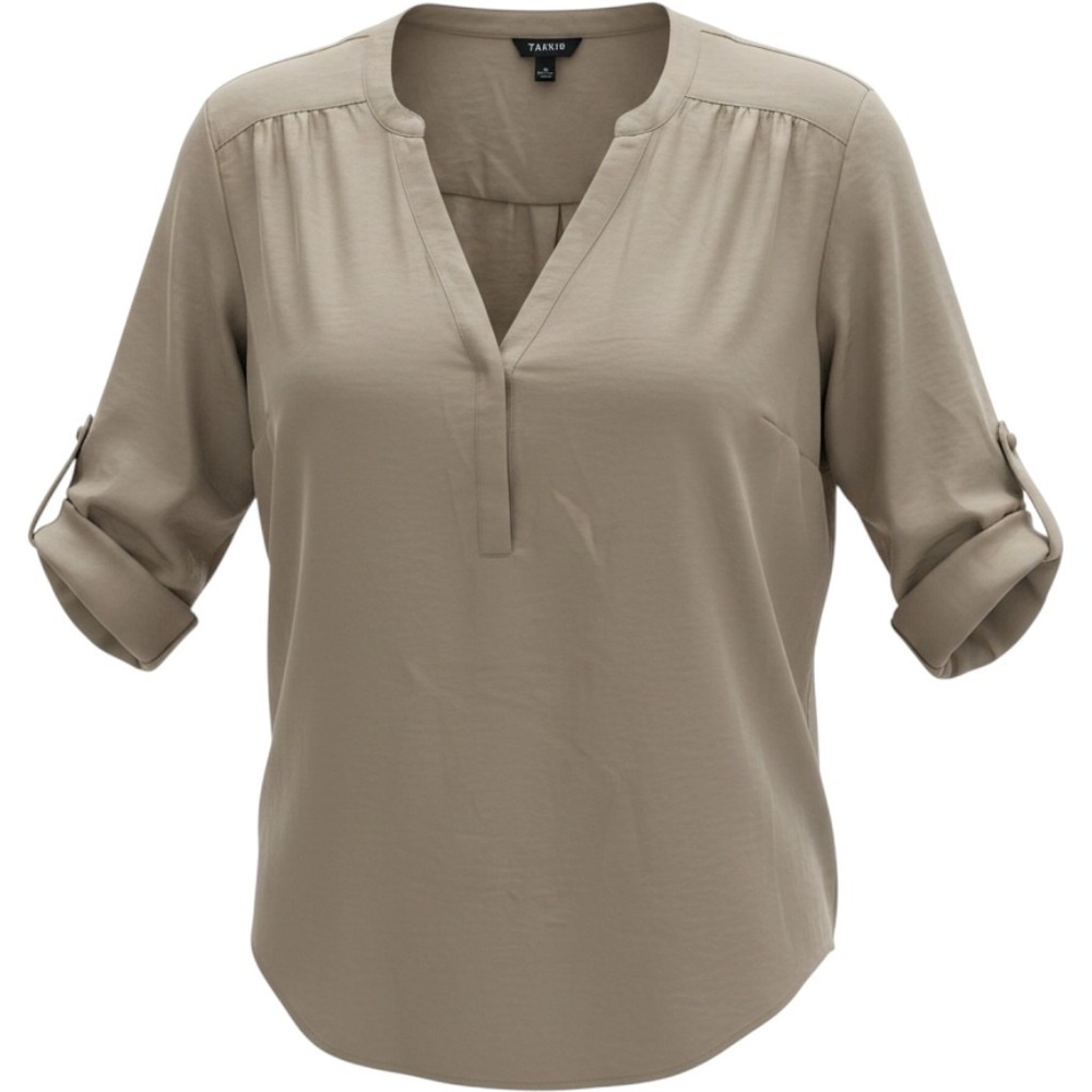 Torrid Harper Blouse Womens 0 Large Taupe Roll Tab Sleeve‎ V-Neck Pullover Top